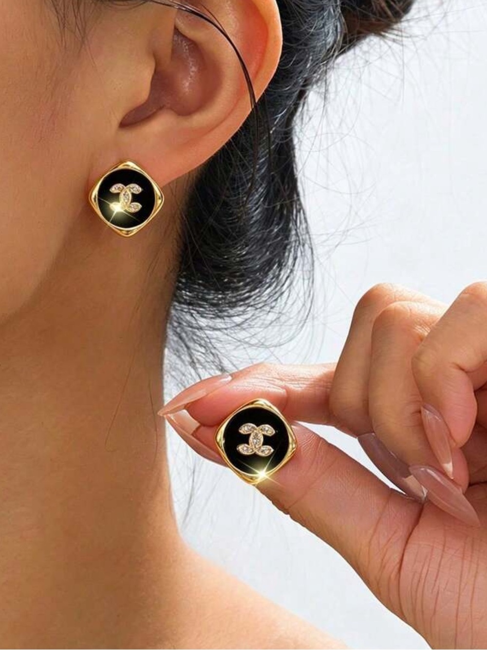 Gold-Tone Black Enamel Floral Motif Stud Earrings